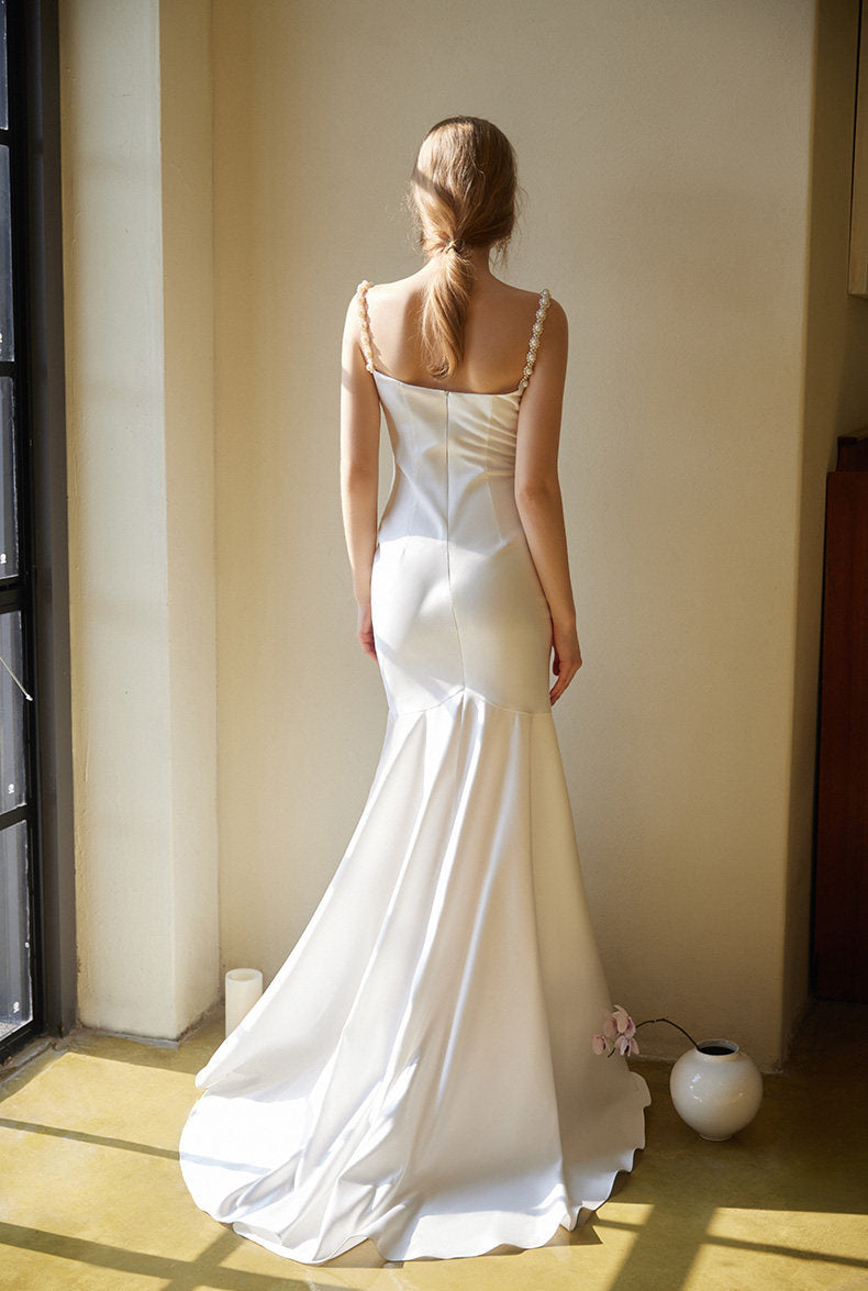 GOUDIN White Satin Engagement Evening Dress-IILONA.