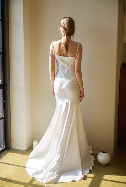 GOUDIN White Satin Engagement Evening Dress-IILONA.