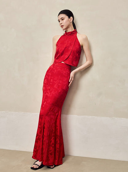 HECO Jacquard Cross Slit Pile Collar Red White Purple Crop Top Women - WORSHIP.