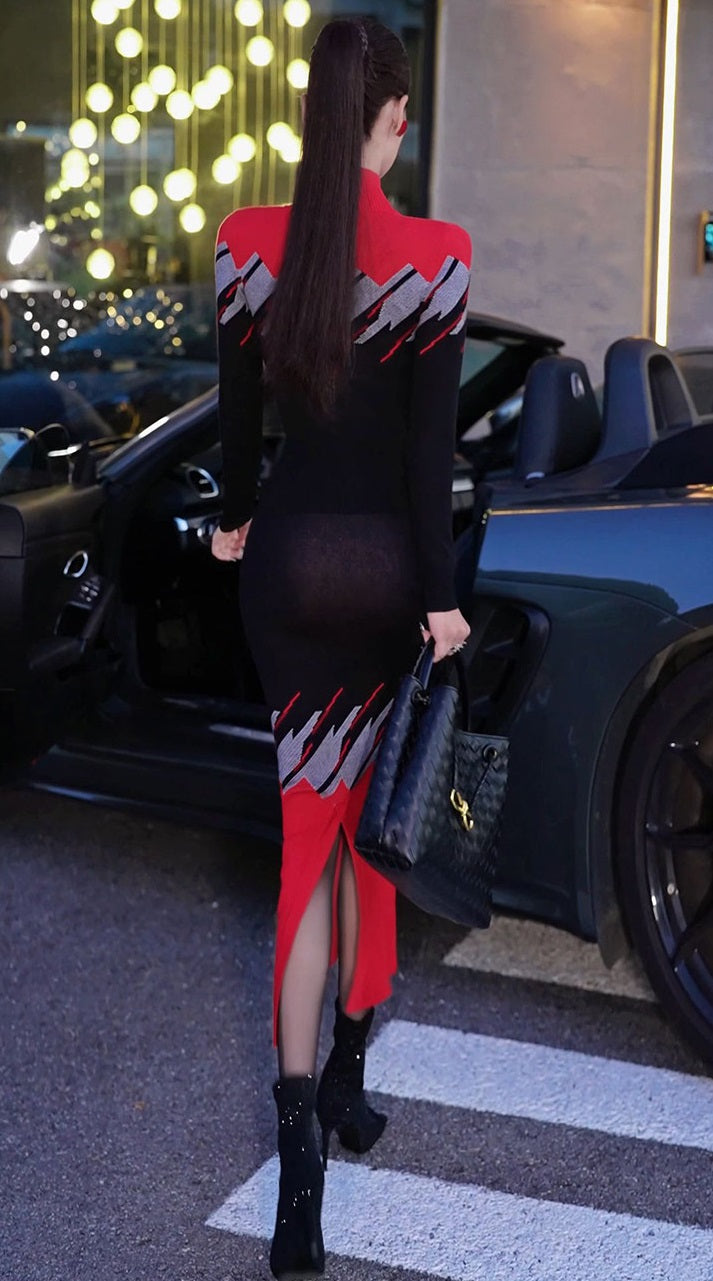 VJE  jacquard knitted suit skirt turtleneck top hip skirt two-piece set-DOE.