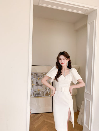 DOLLY Luxury Black Retro V-Neck Short Puff Sleeve Midi Luncheon Dress-SUSU