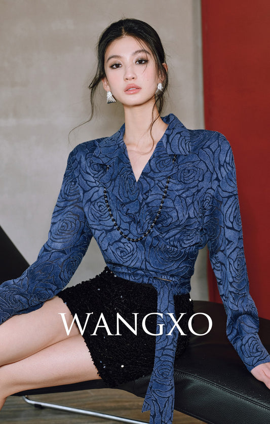 WANGXO | Rose Embossed Georgette with Cut Flowers Long Sleeve Cropped Shirt-SENA.