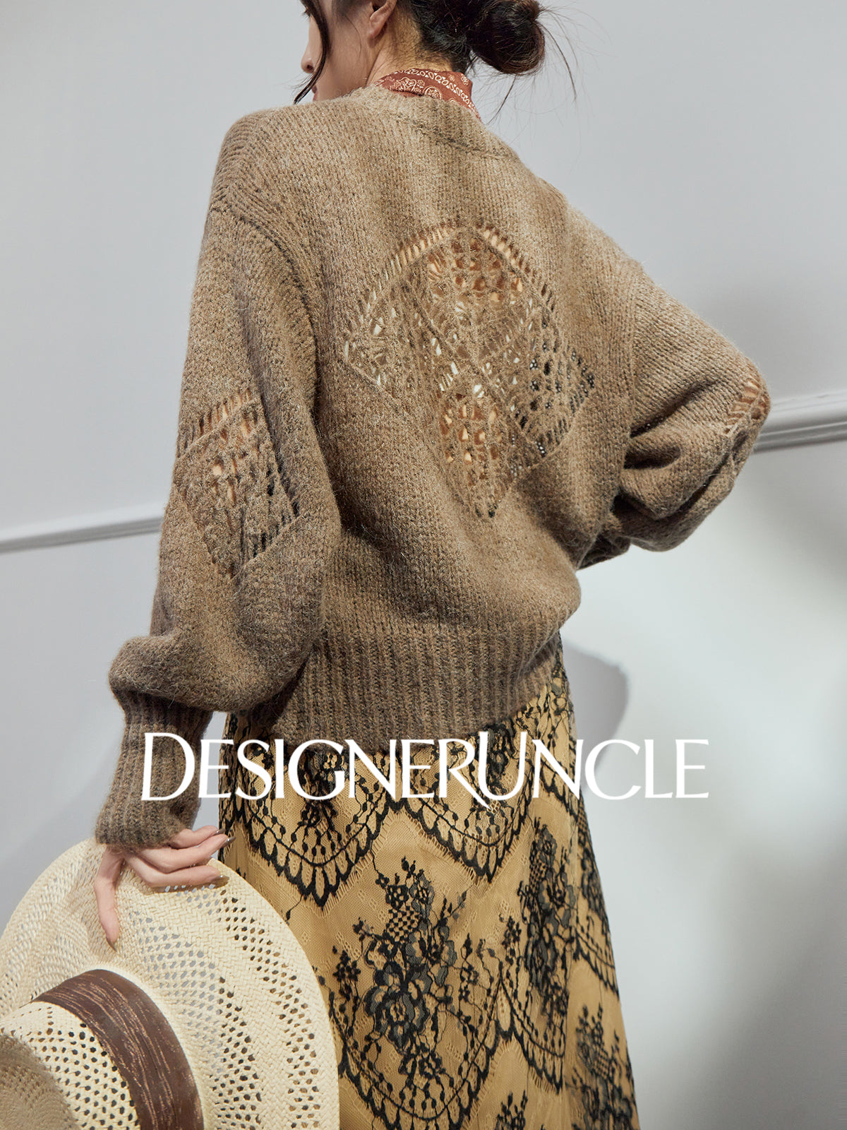 DGU| Light brown light luxury hollow design fashionable comfortable knitwear - Brianna.