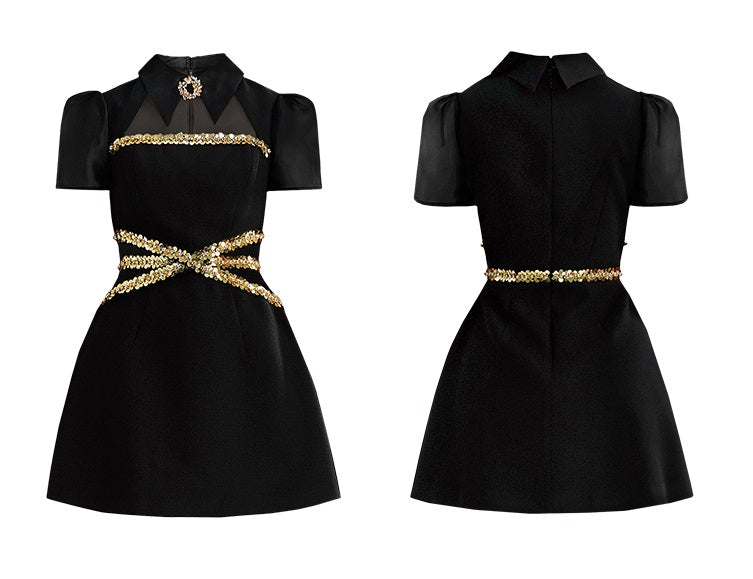 CHECOCRE summer new gold sequencil hollow design thin little black dress - NIDE.