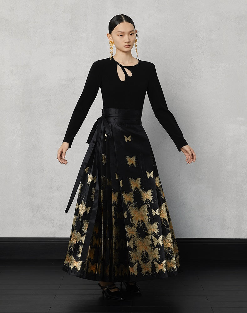 HECO Butterfly Hanfu High Waisted Pleated Long Skirt - rain.