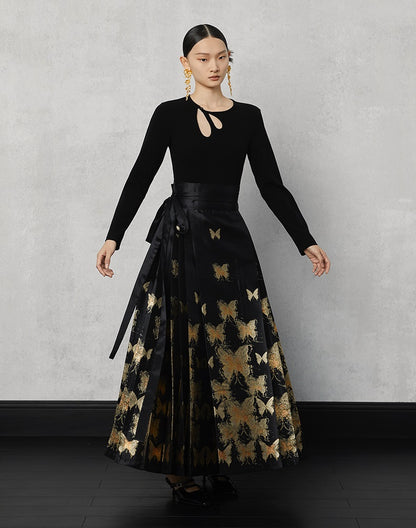 HECO Butterfly Hanfu High Waisted Pleated Long Skirt - rain.