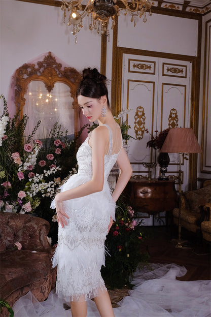 Wardrobes by Chen Luxury Whitebridal  Feather Slit Dinner Dress-Ammy