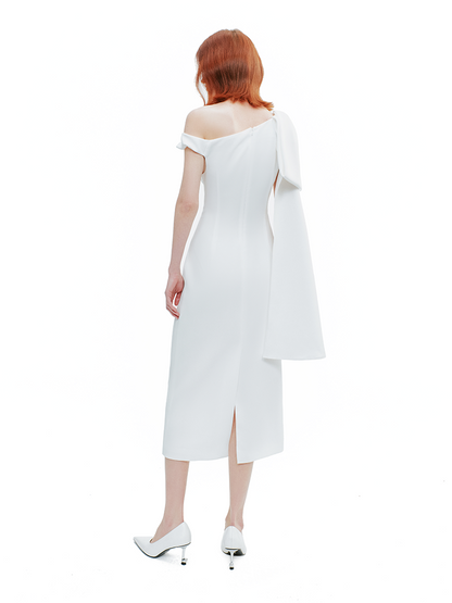 YES BY YESIR |Ye Qian  Slanted Shoulder Ribbon Bow Dress -EVANGELINE.