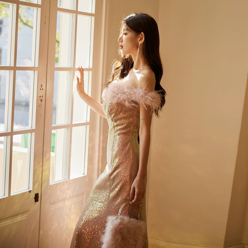 DOLLY Elegant Chest Wrap Feather Off Shoulder Long Sequin Mermaid Dress-TURA