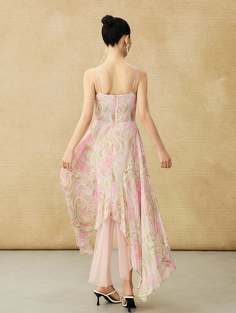 HECO Chinese Style Silk Chiffon Slip Summer Water Ripple Print Long Skirt - PEKKER.