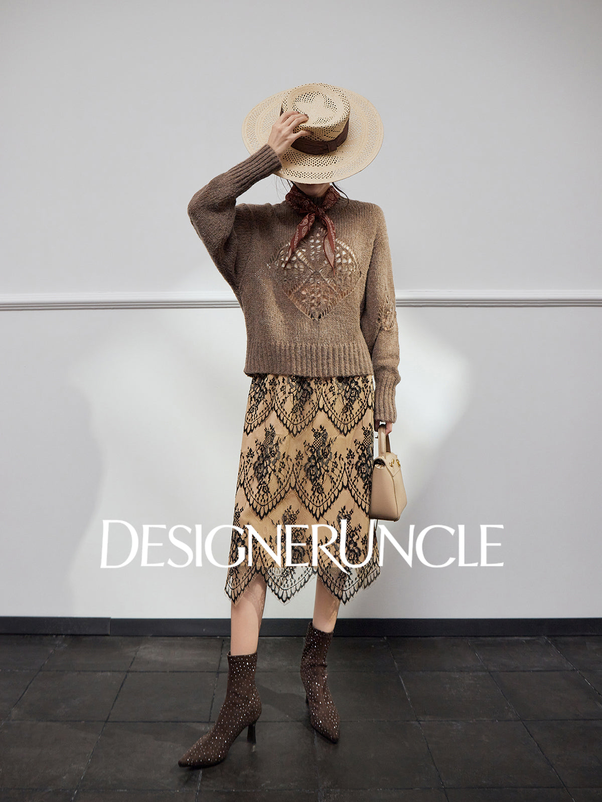 DGU| Light brown light luxury hollow design fashionable comfortable knitwear - Brianna.