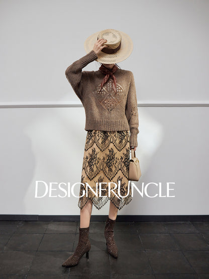 DGU| Light brown light luxury hollow design fashionable comfortable knitwear - Brianna.