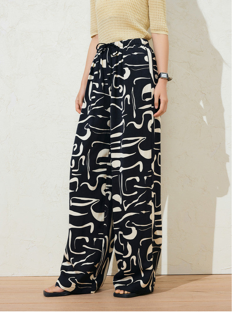 Sushe Neo-Bohemian Tencel linen print drawstring tie wide-leg slacks -JULIET