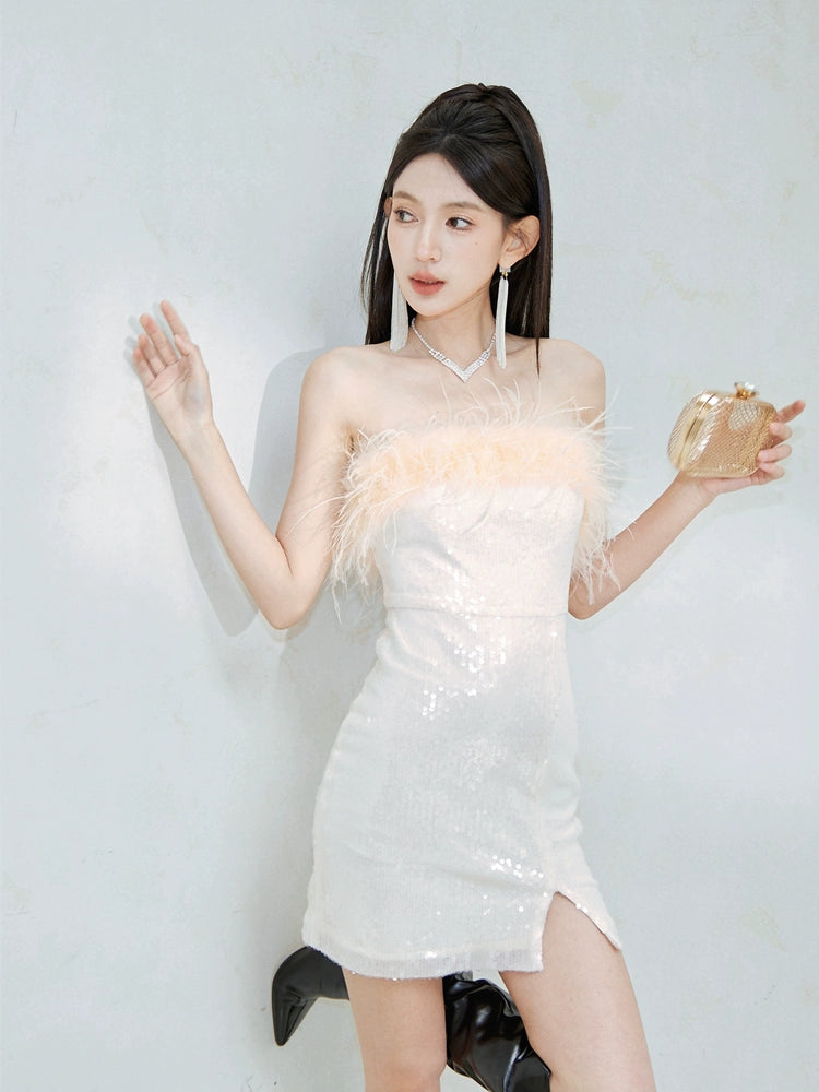 DOLLY High End Off White Feather Tube Top Sequin Short Slit Party Dress-PANTI