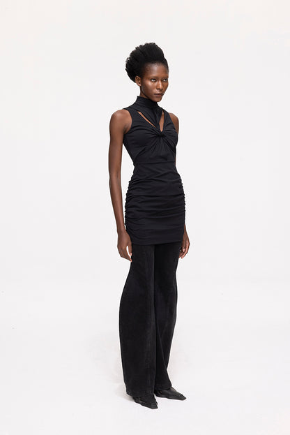 ANNAKIKI niche black kink pleated cut-out sexy dress-GENKO