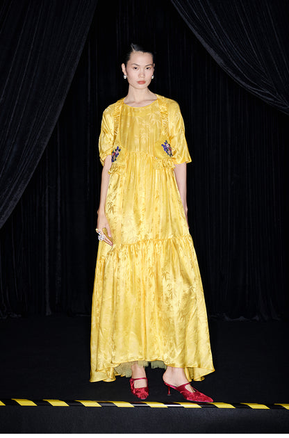 M essential Mackay designer Pine yellow jacquard short-sleeved tower fll dress- Abyn.