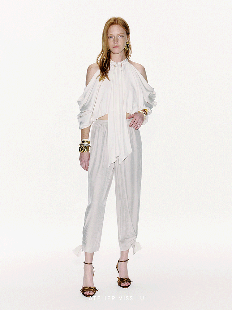 ATELIER MISS LU Bow Embellished Cinched Acetate Tapered Pants - VELVET.