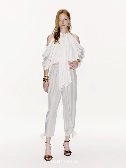 ATELIER MISS LU Bow Embellished Cinched Acetate Tapered Pants - VELVET.
