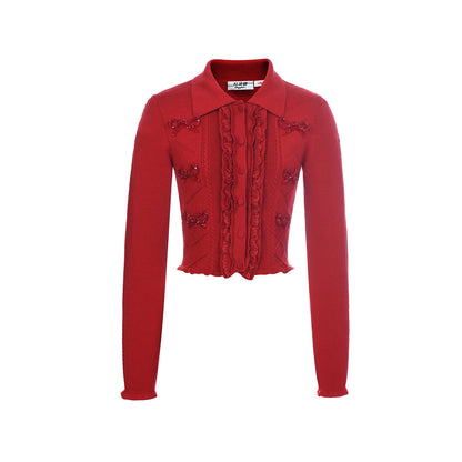 FAME bow long-sleeved knitted cardigan red sweater - ALANNA.