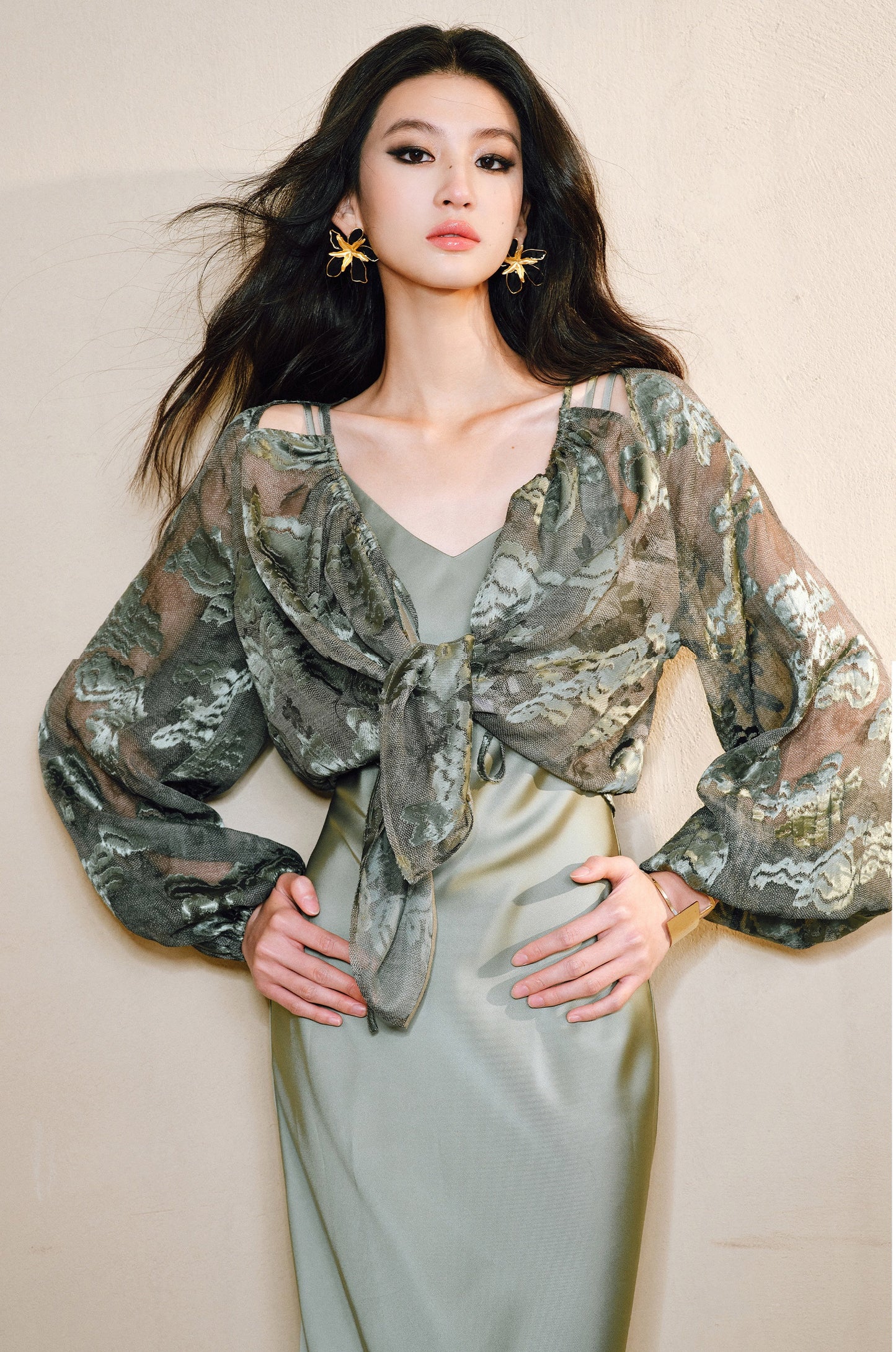 WANGXO Devoré Lace Light and Shadow Heavy Industry Bias French Cardigan & Satin Sundress Set - ESMEE