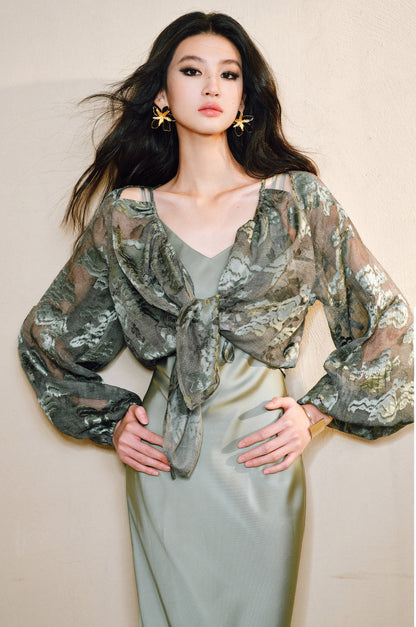 WANGXO Devoré Lace Light and Shadow Heavy Industry Bias French Cardigan & Satin Sundress Set - ESMEE