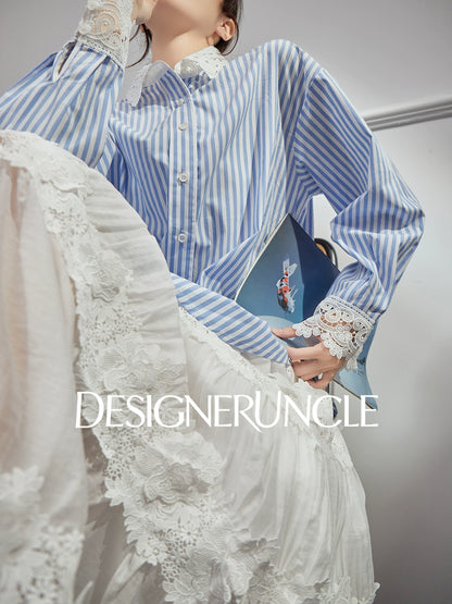 DGU|Blue Striped New Lace Stitching French Elegant Design Top - DREW.
