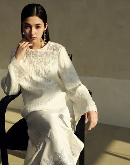 HECO butterfly beads embroidered round neck long sleeve top Women - CROWN.