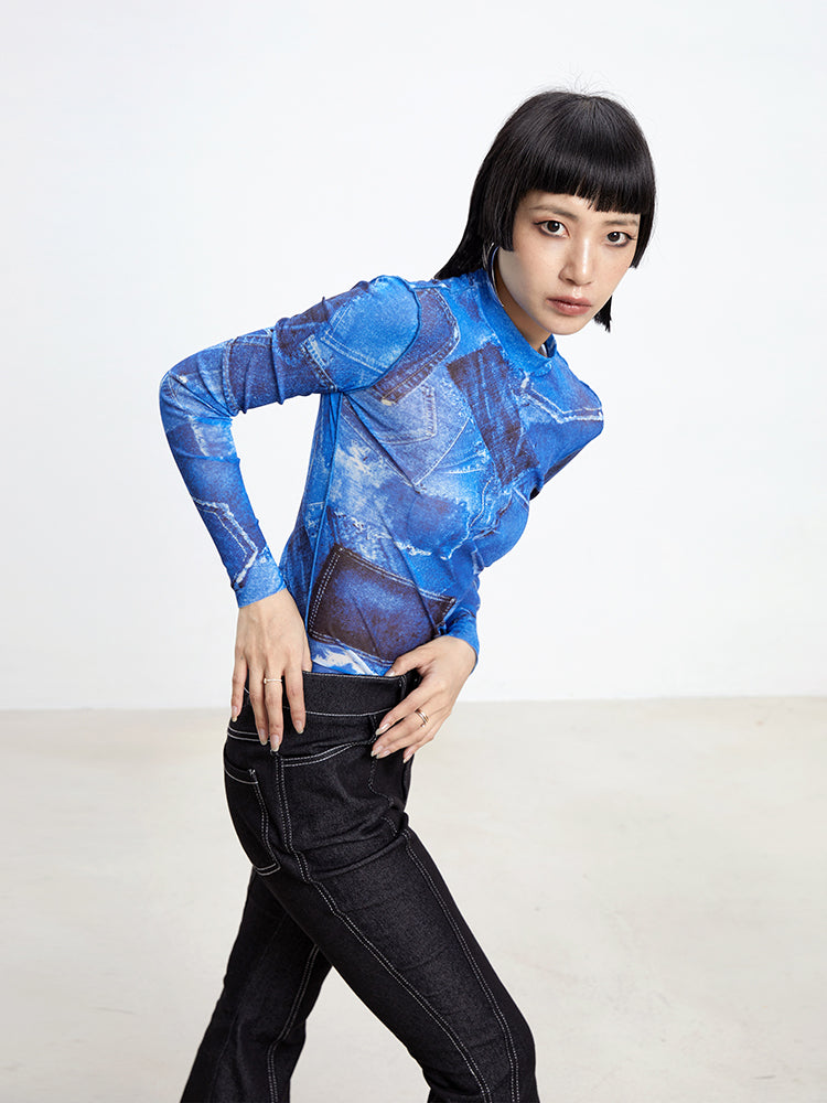 TINY IN denim print sun protection mesh long short sleeve t-shirt -IHU