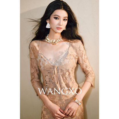 WANGXO | Lace-Up Cardigan & Irregular Double Fishtail Hip Skirt Set -KAIA