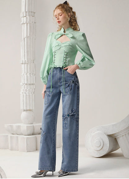 CHECOCRE  Elegant Stubble Girl Commuter green crop Shirt - MARVIN