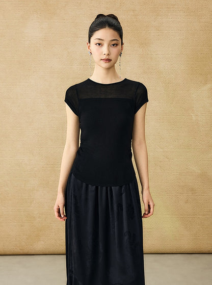 HECO Chinese style slightly transparent round neck knitted short sleeve T-shirt -BING.