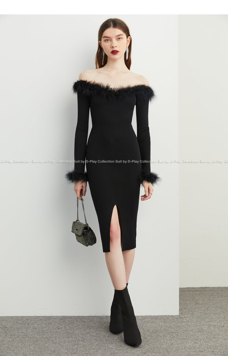 Fall autumn sexy off-shoulder classic black feather top dress Fall autumn sexy off-shoulder classic black feather top dress