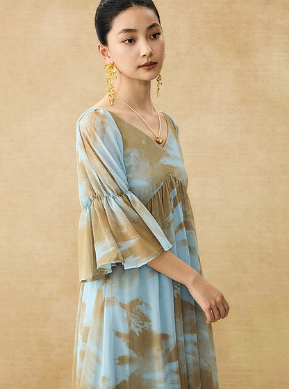 HECO Chinese V-neck wavy sleeve summer big resort dress - AMAZE .