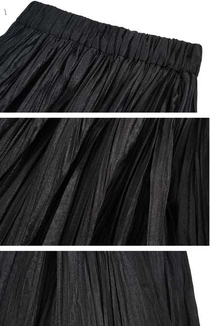 HECO striped texture swing high waist black green women's long skirt - muse.