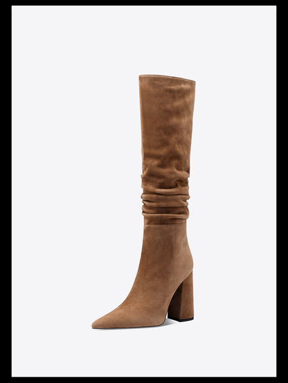 Fabfei Fall/Winter Pointed Toe Brown Stacked Block Heel Boots - Oniu