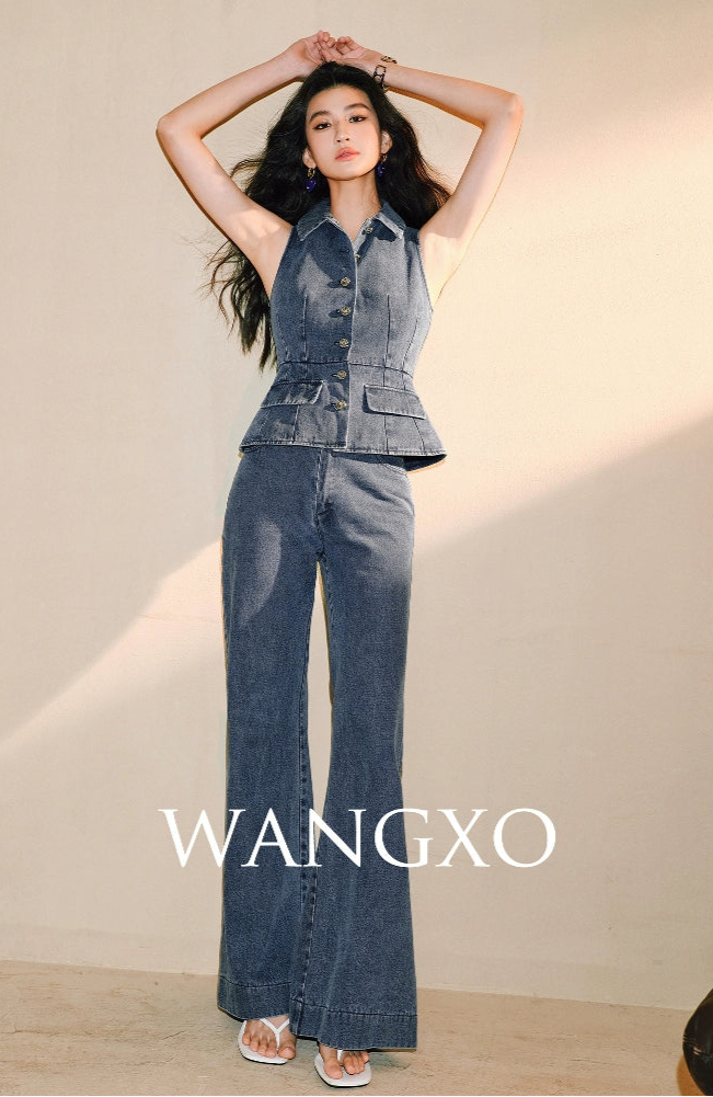 WANGXO Denim Suit Waist-Cinched Vest & Retro Flared Pants - VIOLA