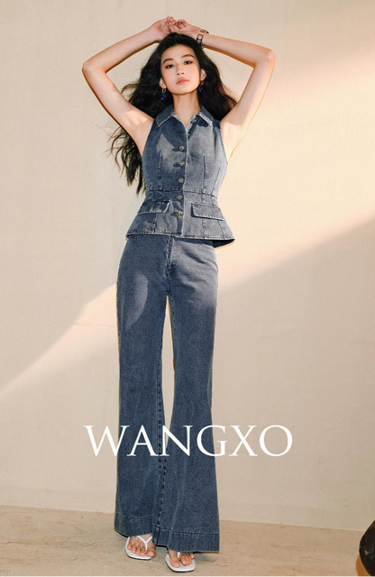 WANGXO Denim Suit Waist-Cinched Vest & Retro Flared Pants - VIOLA