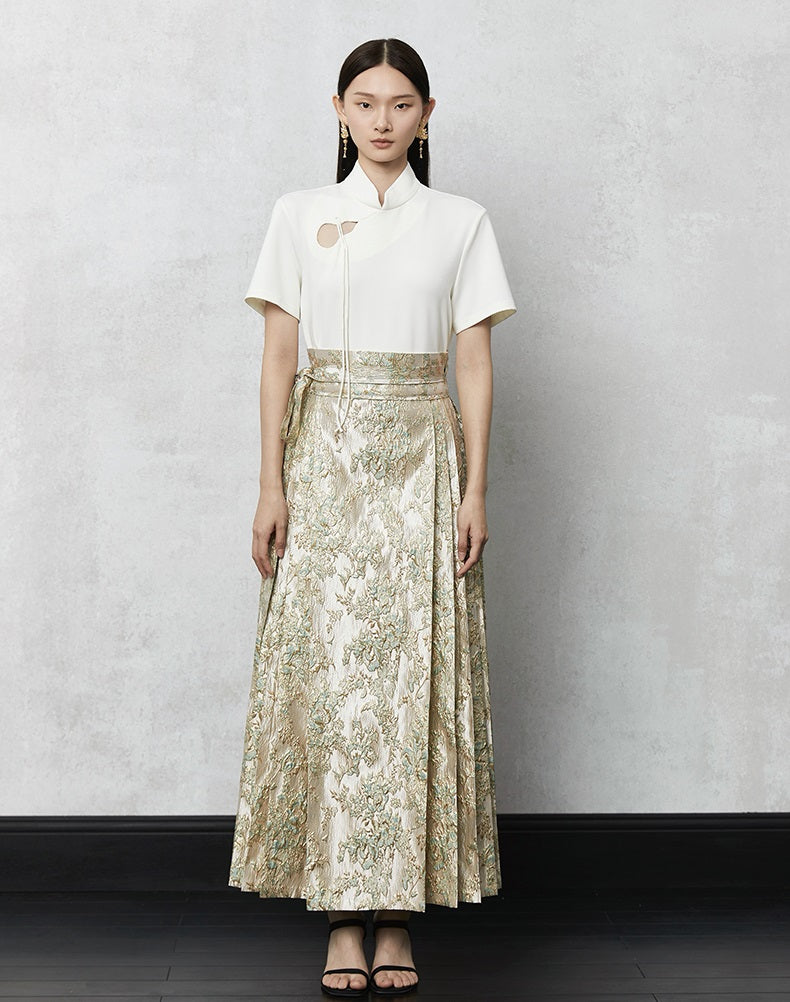 HECO high waist pleat blue purple green jacquard Embossed Skirt Women - king.