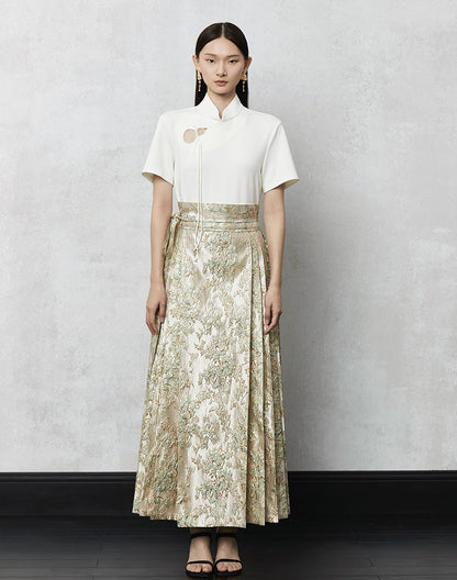 HECO high waist pleat blue purple green jacquard Embossed Skirt Women - king.