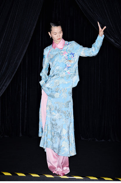 M essential Mackay designer blue pink embroidered contrast lapel shirt pant dress set - halle.