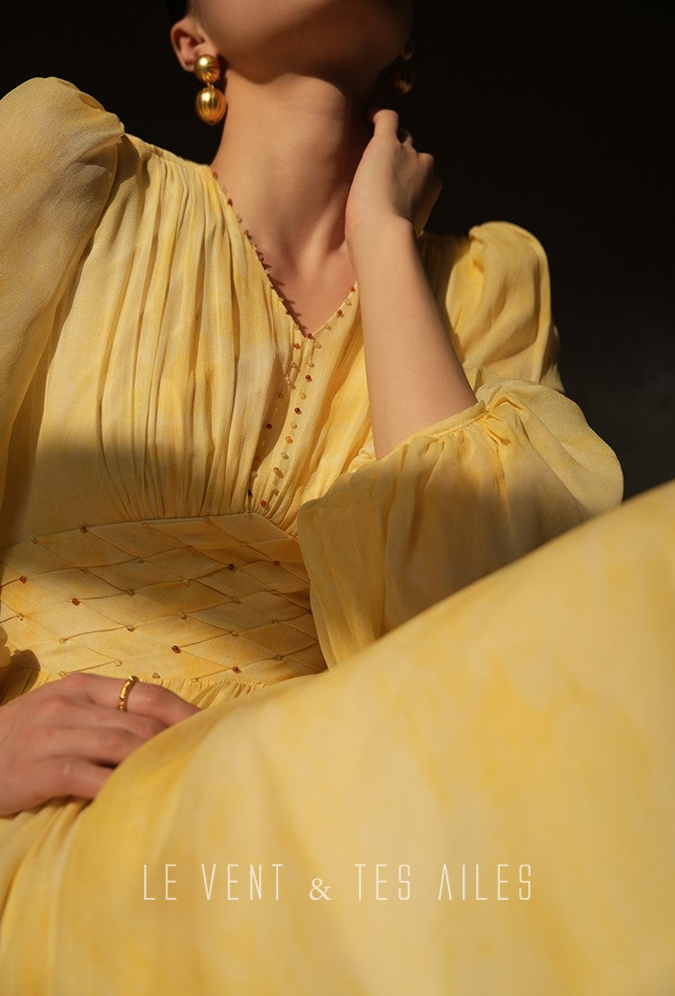 LE VENT&TES AILES 100% Silk French Haute Smudge V-Neck midi yellow Dress - FAYE