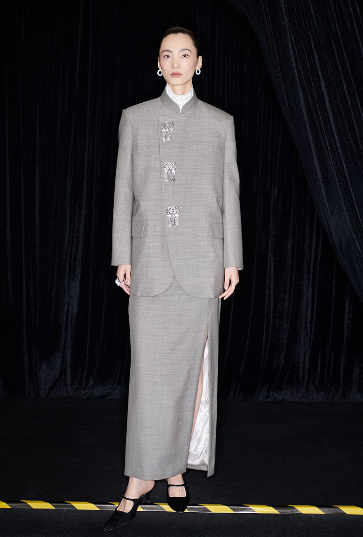 M essential Mackay designer raw linen skinny wool crystal lamp tassel bead suit - CHEN.