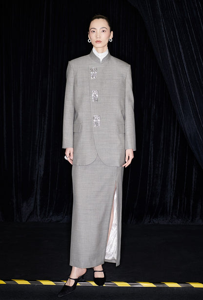 M essential Mackay designer raw linen skinny wool crystal lamp tassel bead suit - CHEN.