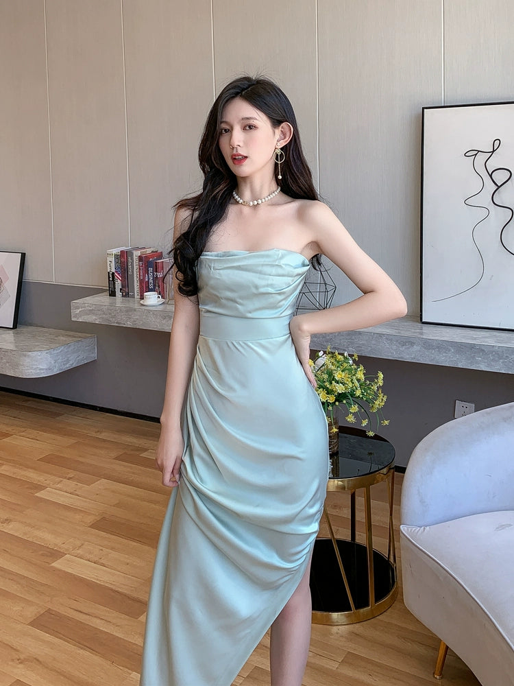 DOLLY Luxury Mint Green Sleeveless Off Shoulder Chest Wrap Long Slit Dinner Dress-CAT