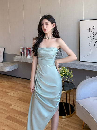 DOLLY Luxury Mint Green Sleeveless Off Shoulder Chest Wrap Long Slit Dinner Dress-CAT
