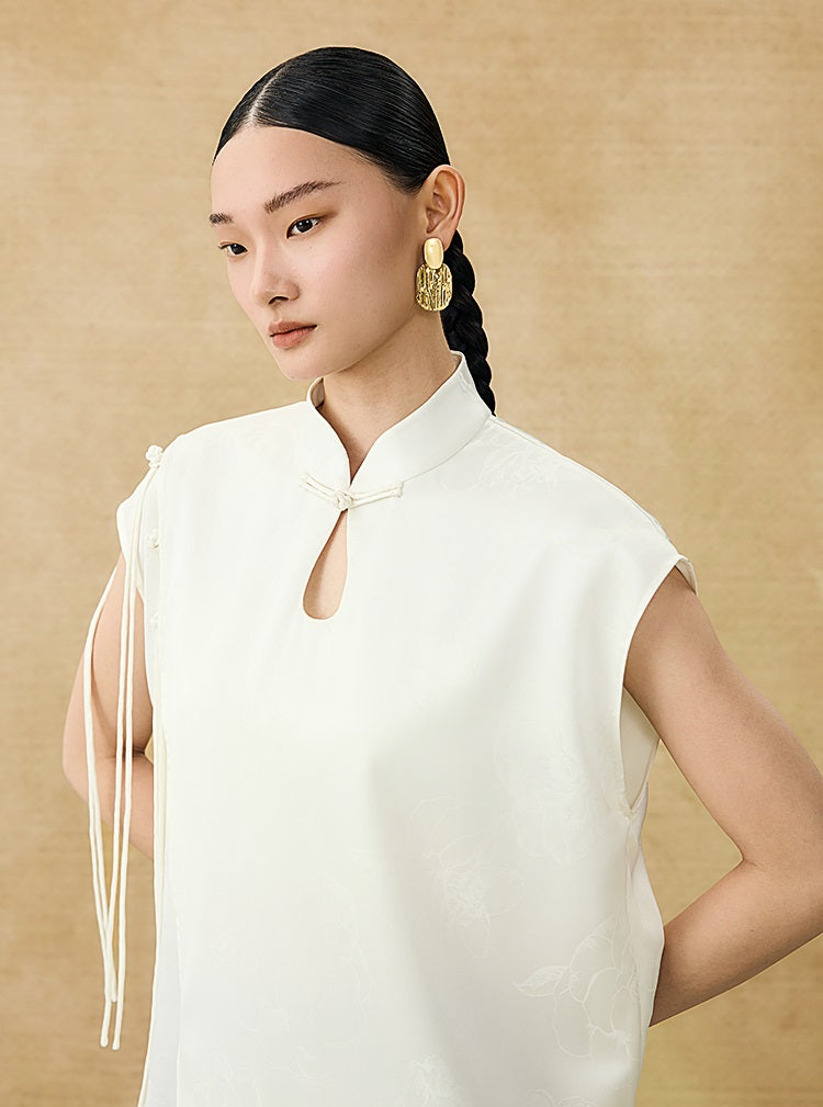 HECO Chinese Peony Buckle Short Sleeve Acetate Tassel Top - TEACH .