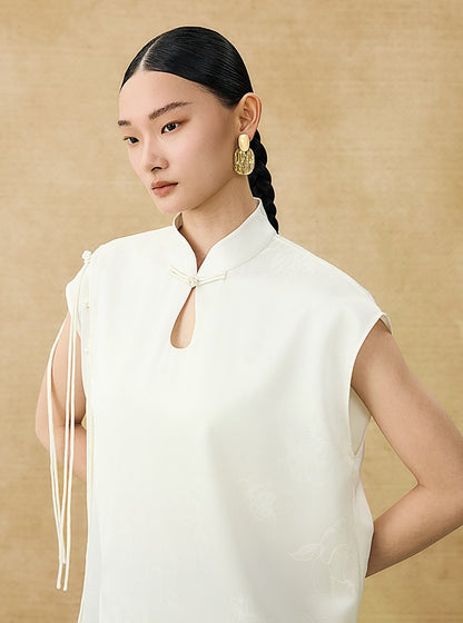 HECO Chinese Peony Buckle Short Sleeve Acetate Tassel Top - TEACH .