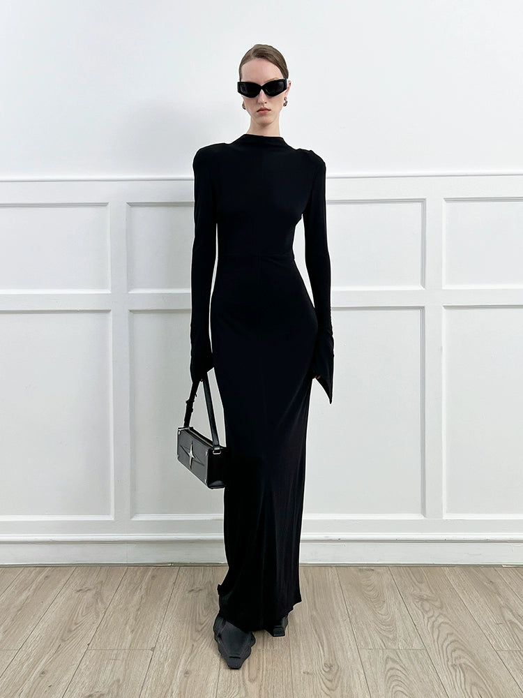 ANNAKIKI high-end acetate black shoulder slim long sleeve dress-CAROLE