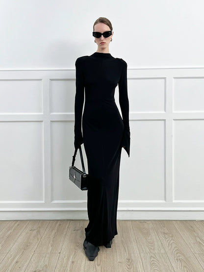 ANNAKIKI high-end acetate black shoulder slim long sleeve dress-CAROLE