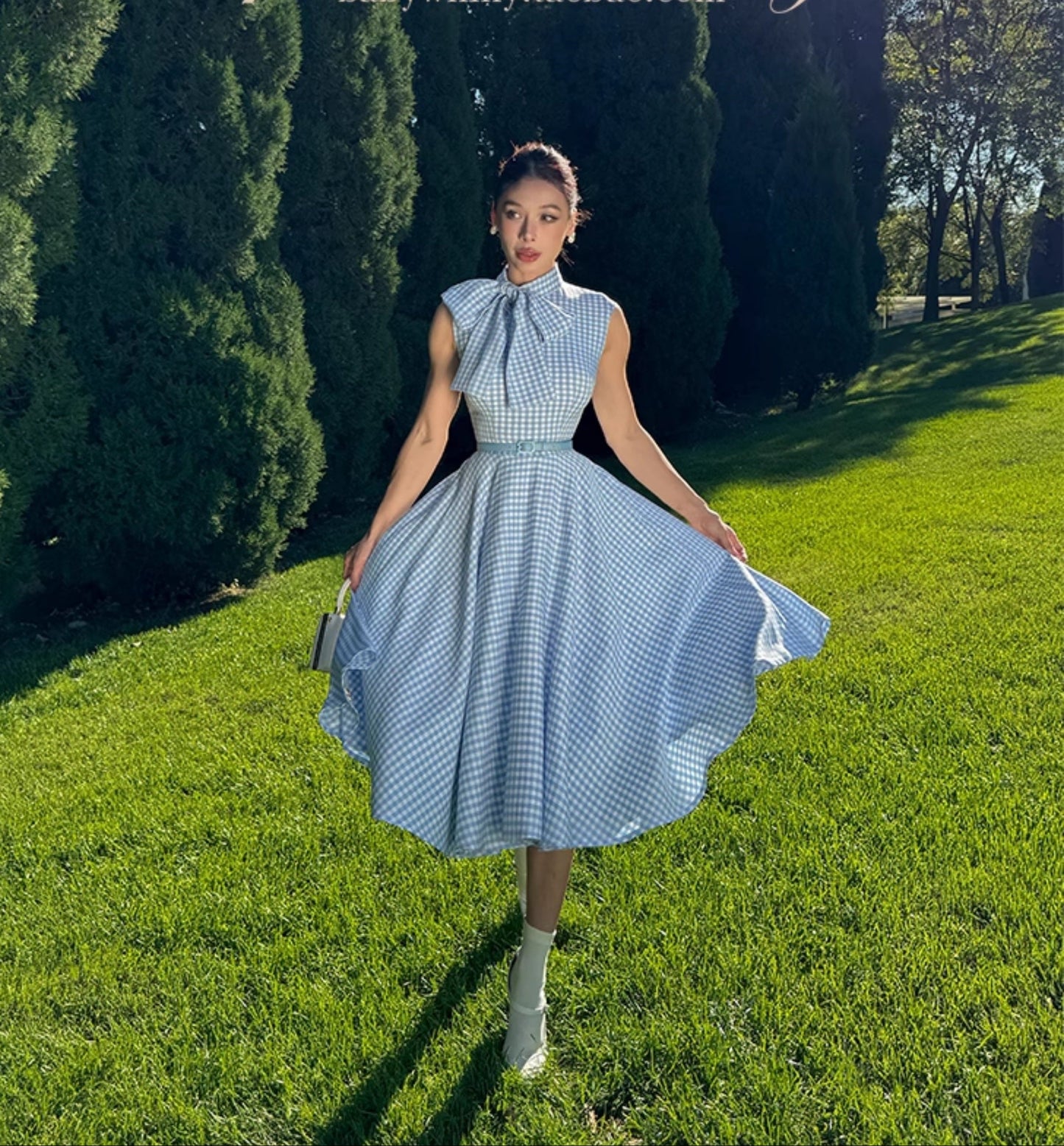 Le Palais Vintage Hepburn style elegant plaid slim fit large skirt dress-HANKS